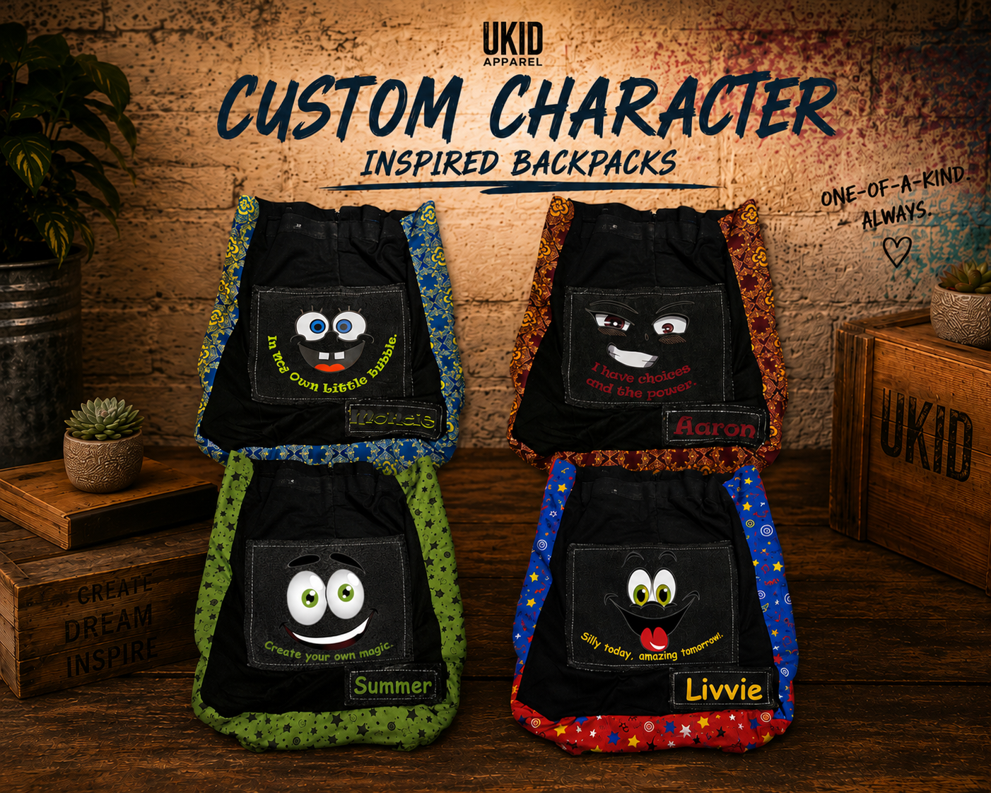 Four custom drawstring character backpacks displayed on a rustic wooden surface with a brick wall backdrop. The backpacks feature black front panels with cartoon face patches and colorful patterned edges in blue, green, orange, and red.