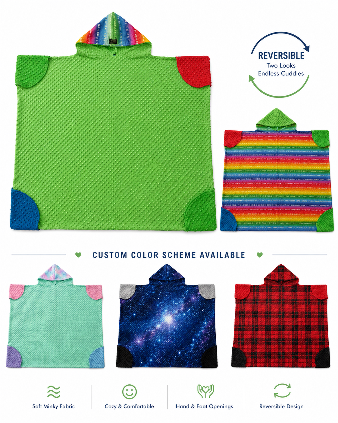 A hooded poncho/towel set shown on a white background with multiple color options. The main large view shows a bright green body with multicolor striped hood lining and colored corner patches.