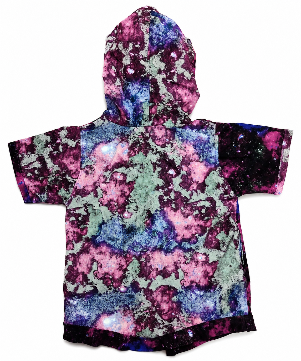 A short-sleeve hooded shirt with a vibrant galaxy print in pink, purple, blue, and mint green, shown flat against a white background.