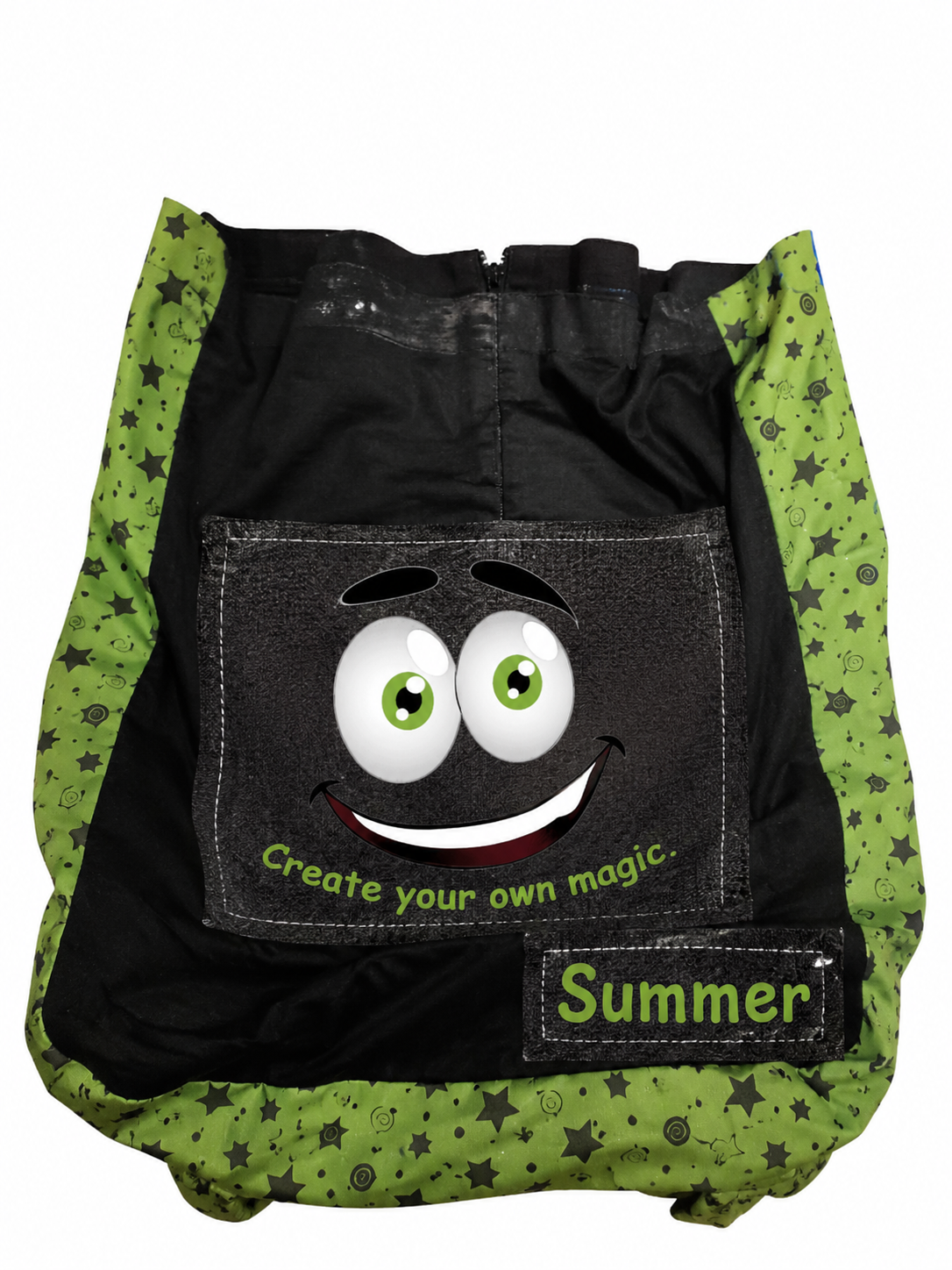 A black and green novelty backpack with a cartoon face graphic on the front pocket and a customizable name patch that reads 'Summer'.
