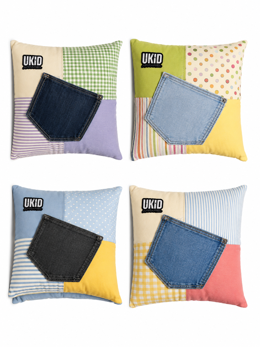 Four square decorative throw pillows arranged in a 2x2 grid on a white background. Each pillow features a patchwork design with various fabric panels and a central faux denim pocket applique.