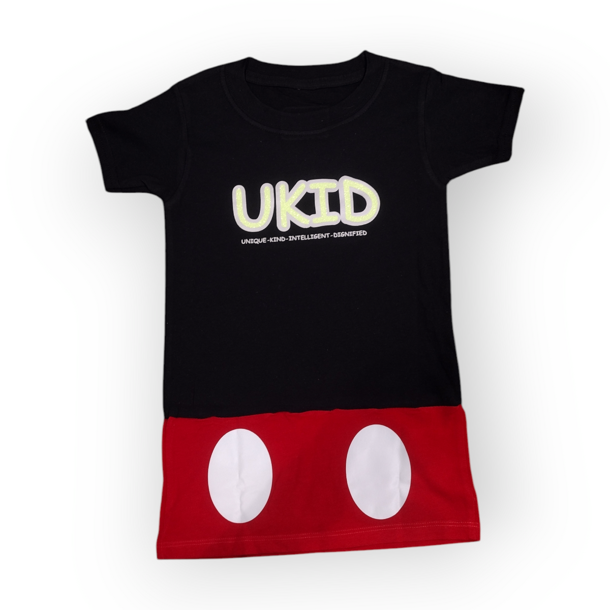 A black t-shirt with red accents at the bottom, featuring Mickey Mouse themed design and the text 'UKID' on the front.