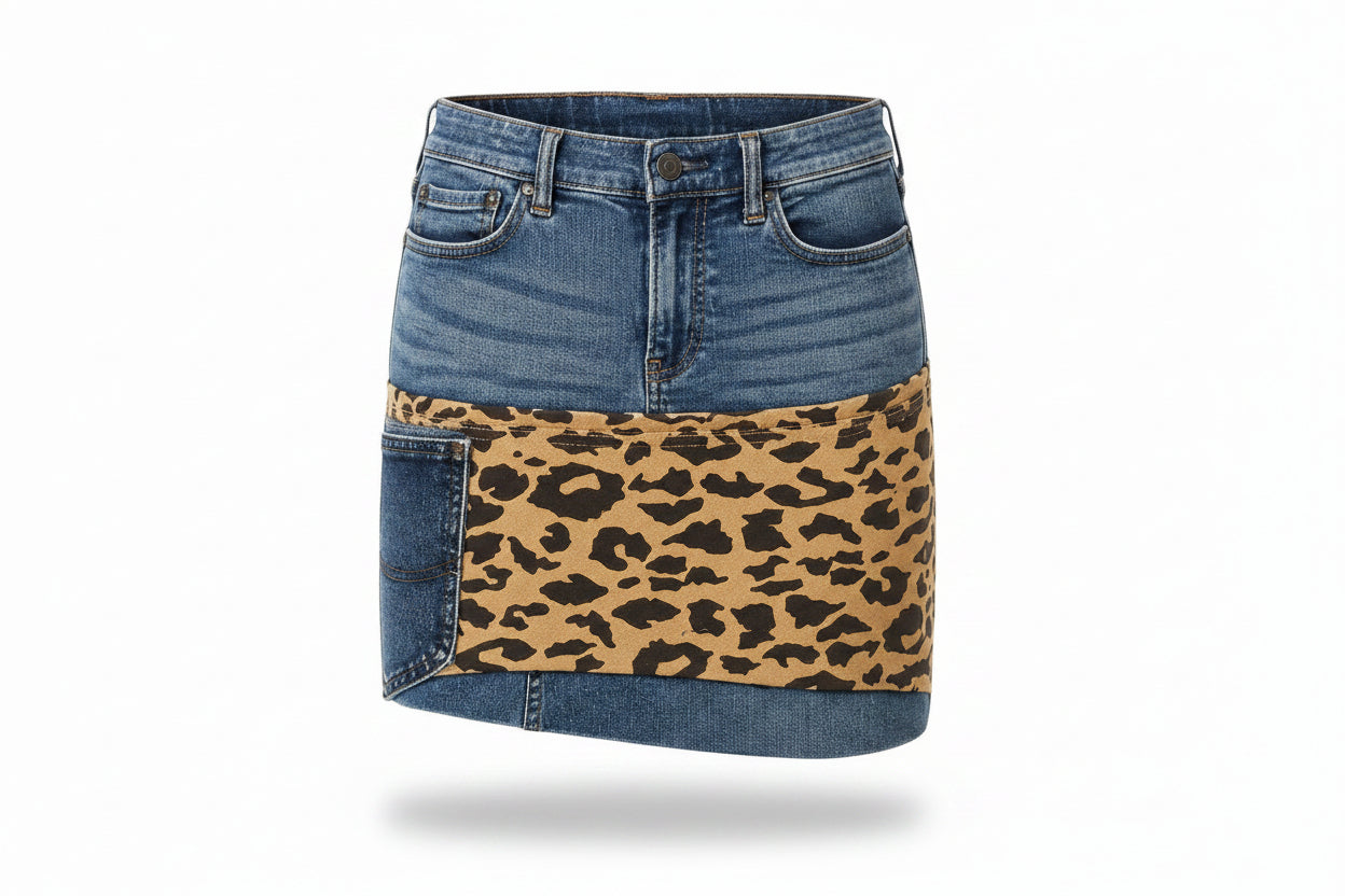 A denim mini skirt with a leopard print panel across the front, featuring blue denim on the top and bottom sections and a tan leopard print center panel with black spots.