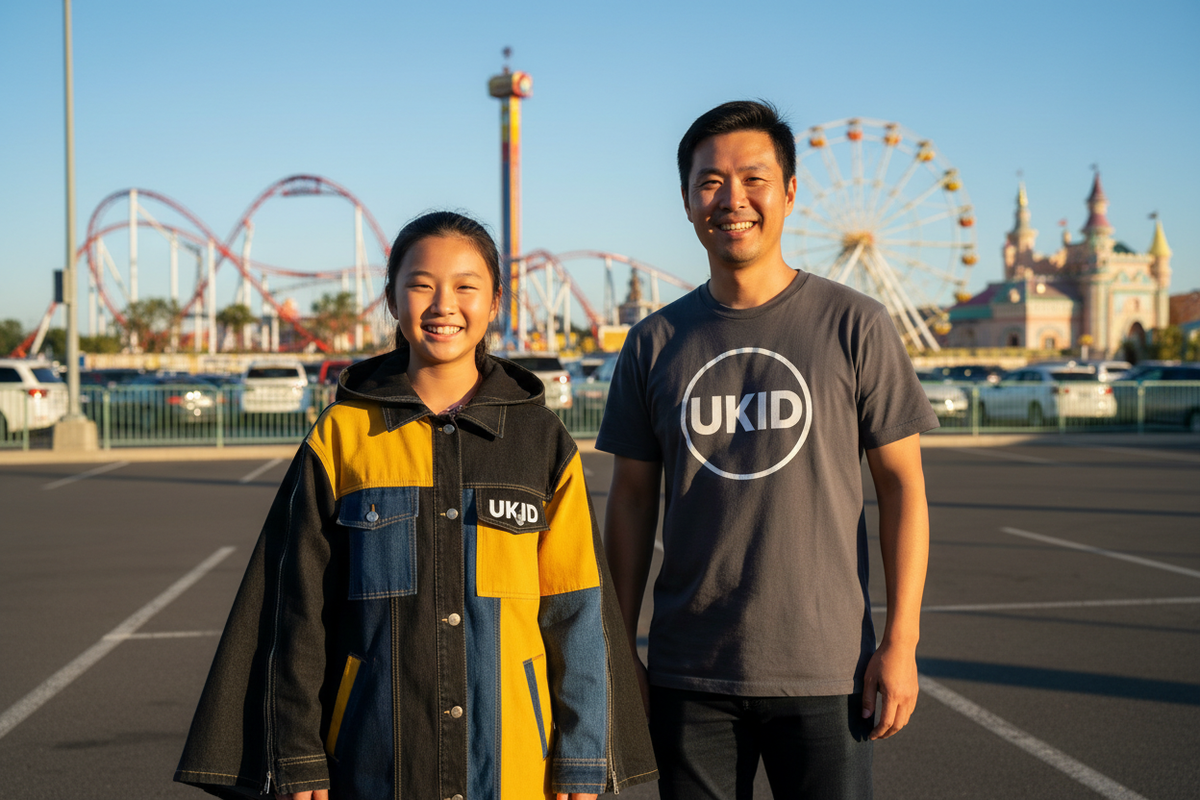 Asian Dad and daughter standing next to one another in a parking lot on the way to an amusement park. Daughter is about 12 years old wearing a denim patchwork Jacket that resembles a trench coat. Colors are black, dark blue, and yellow accents. On the left front pocket on chest there is a patch that says UKID in black and white. The jacket has 4 pockets on the front, two on each side of jacket, side pockets and zips off at the sleeve and waist. This jacket also has a cloak hood. The dad is wearing UKID Tee